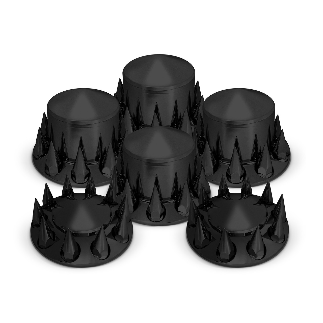 Pointed Matte Black Front & Rear Axle Cover Kit W/ 33mm Spike Threaded Lug Nut Covers