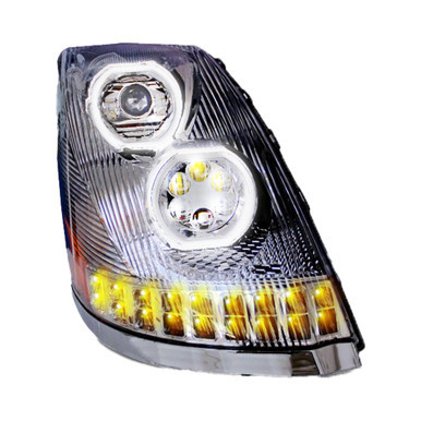 Volvo VN/VNL 2003-2017 LED Headlight with Halo & Sequential Turn Signal, Chrome, Driver Side