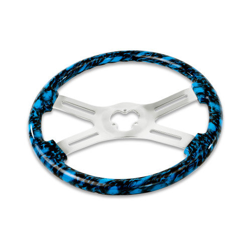18'' SKULL DESIGN BLUE WOOD STEERING WHEEL WITH 4 CHROME SPOKES