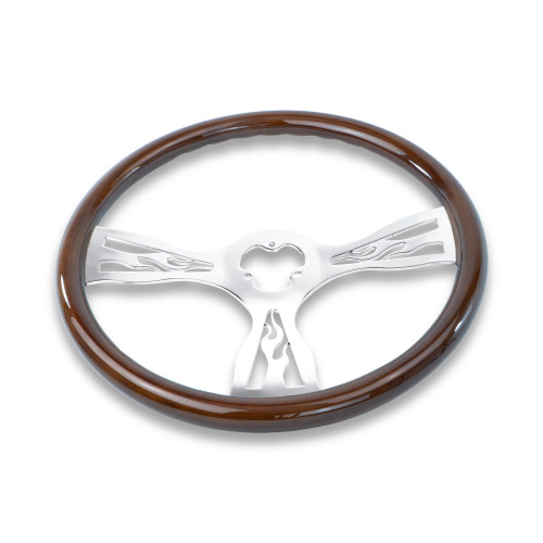 18'' WOOD STEERING WHEEL WITH CHROME FLAME DESIGN SPOKES