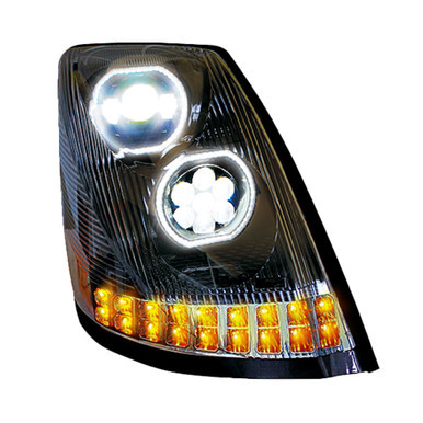 Volvo VN/VNL 2003-2017 LED Headlight with Halo & Sequential Turn Signal, Black, Driver Side