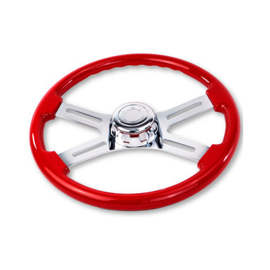 16'' RED WOOD STEERING WHEEL WITH 4 CHROME SPOKES