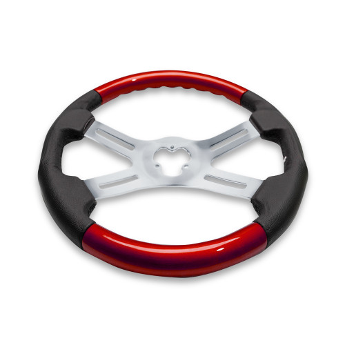 18" MAROON WOOD AND LEATHER STEERING WHEEL WITH 4 CHROME SPOKES