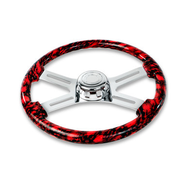 18'' SKULL DESIGN RED WOOD STEERING WHEEL WITH 4 CHROME SPOKES