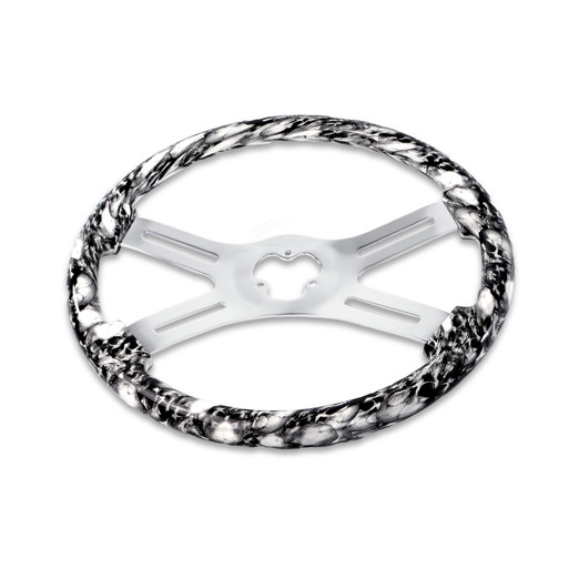 18'' SKULL DESIGN WHITE WOOD STEERING WHEEL WITH 4 CHROME SPOKES