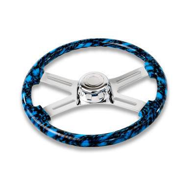 18'' SKULL DESIGN BLUE WOOD STEERING WHEEL WITH 4 CHROME SPOKES