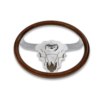 18'' WOOD STEERING WHEEL WITH CHROME BUFFALO DESIGN