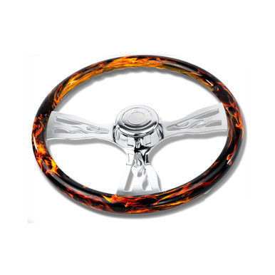 18" FIRE DESIGN WOOD STEERING WHEELWITH 3 CHROME FLAME SPOKES
