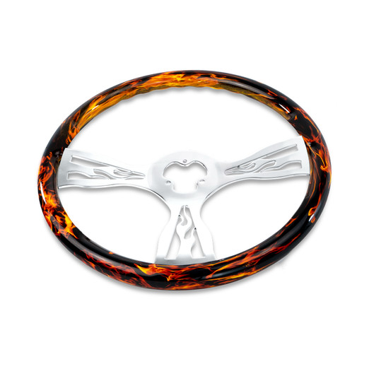 18" FIRE DESIGN WOOD STEERING WHEELWITH 3 CHROME FLAME SPOKES