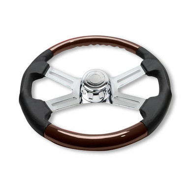 18" WOOD AND LEATHER STEERING WHEEL WITH 4 CHROME SPOKES