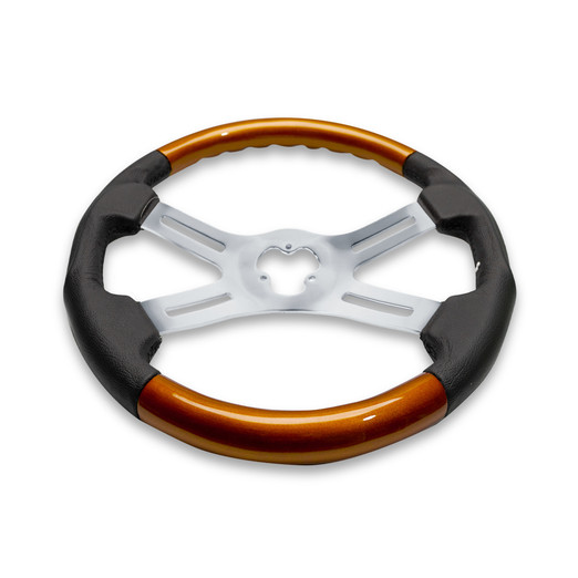 18" ORANGE WOOD AND LEATHER STEERING WHEEL WITH 4 CHROME SPOKES