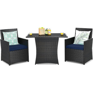 3-Piece Patio Furniture Outdoor Dining Set Brown PE Rattan Navy Blue Cushions Q280-BLMBTPDS198974721 3-Piece Patio Furniture Outdoor Dining Set Brown PE Rattan Navy Blue Cushions Q280-BLMBTPDS198974721