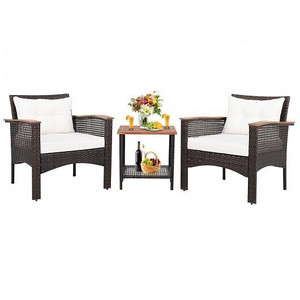 3 Pieces Patio Rattan Furniture Set with Acacia Wood Tabletop - Color: Off White D681-HW69536 3 Pieces Patio Rattan Furniture Set with Acacia Wood Tabletop - Color: Off White D681-HW69536