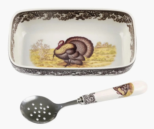 Spode Woodland Turkey Cranberry Dish with Slotted Spoon