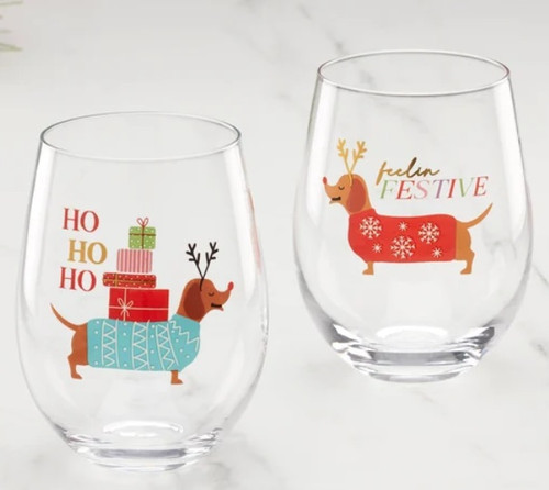 Cambridge Feeling Festive Dog Stemless Wine Glasses, Set of 2