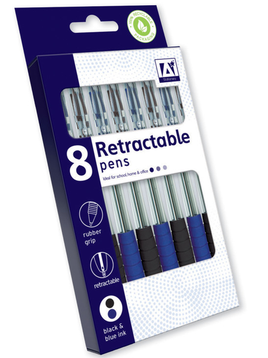 Retractable Pens Black/Blue - Pack of 8