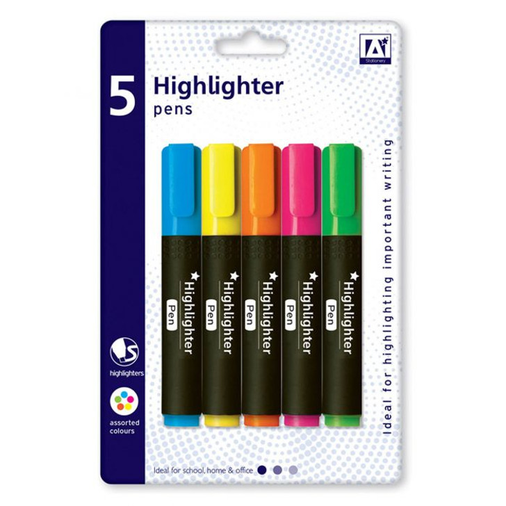Highlighter Pens Assorted Colours - Pack of 5