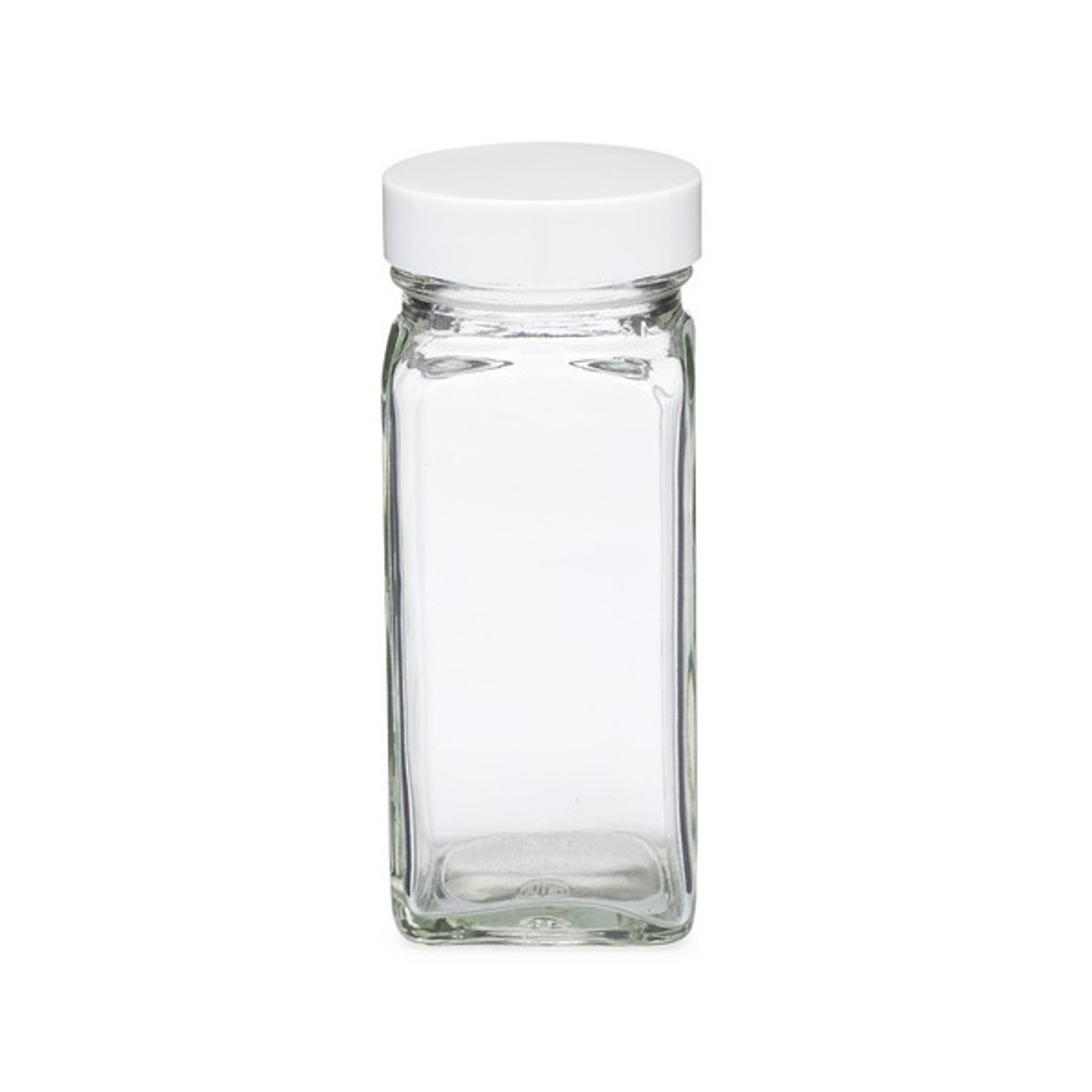 4 oz Clear Square Glass Spice Jars (White Metal Cap) - 12/Case, Clear Type III 43-485