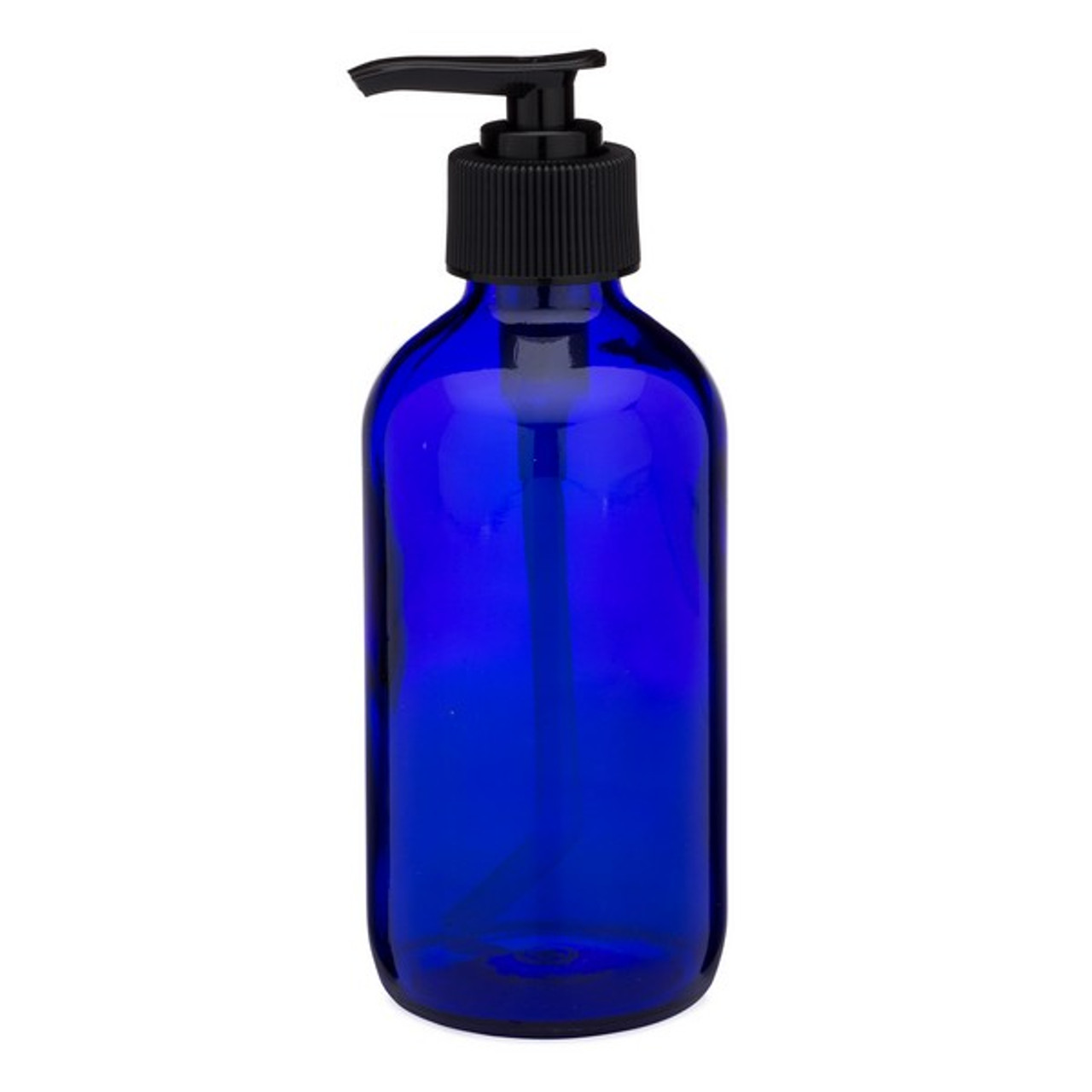 8oz Cobalt Blue Glass Boston Round Bottles (Black PP Lotion Pump) - Wholesale, 24/Case, Cobalt Blue Type III UV Resistant 28-400