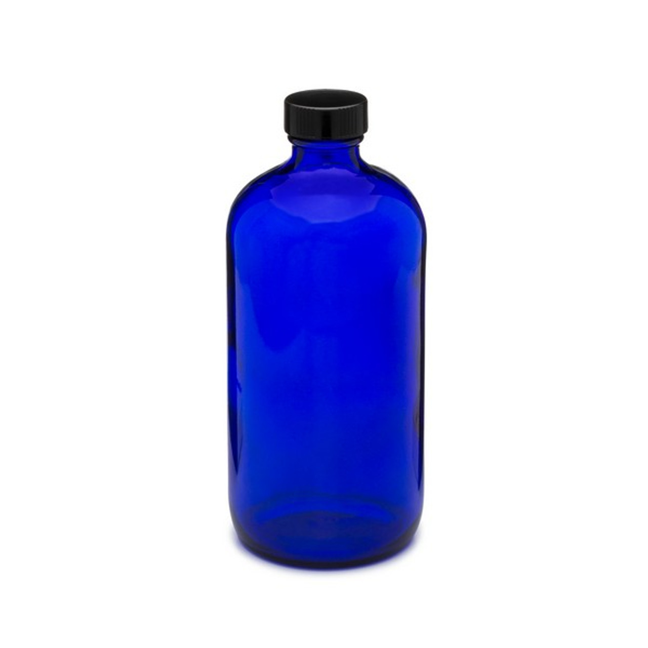 16 oz Cobalt Blue Boston Round Glass Bottle with Black Cap