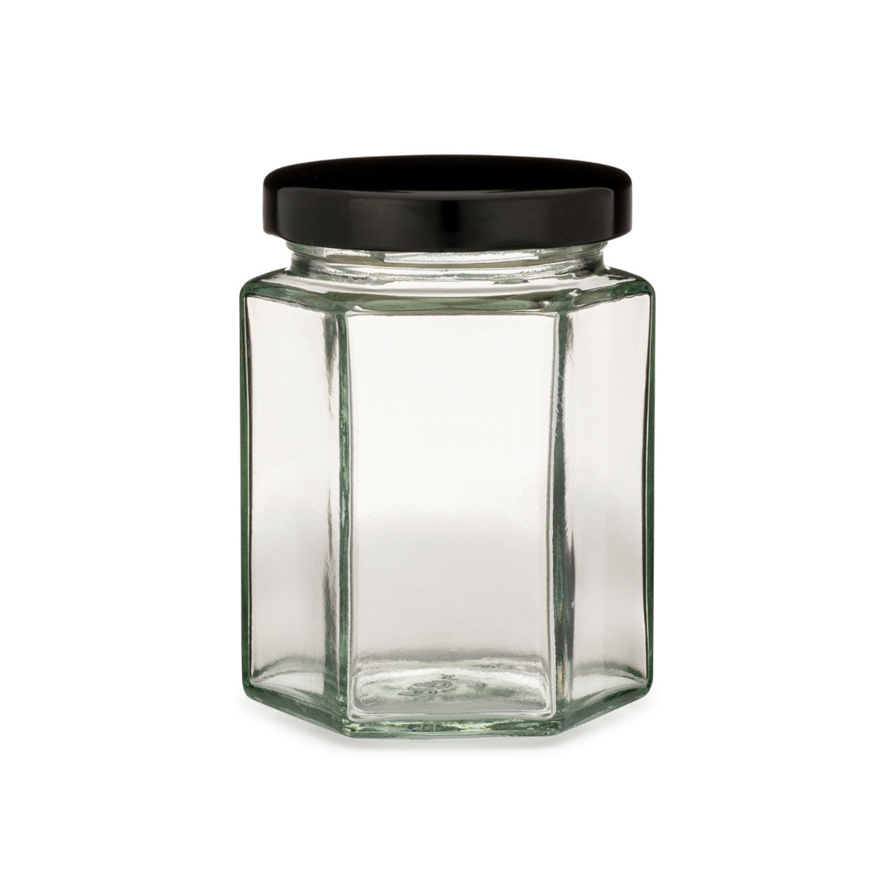 6oz Clear Glass Hexagon Jars (Black Lug Cap) for Canning 12/Case, Clear Type III 58 Lug