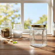 Similar item: 9 oz Clear Glass Hexagon Jars (Gold Metal Lug Cap) - 8022B47