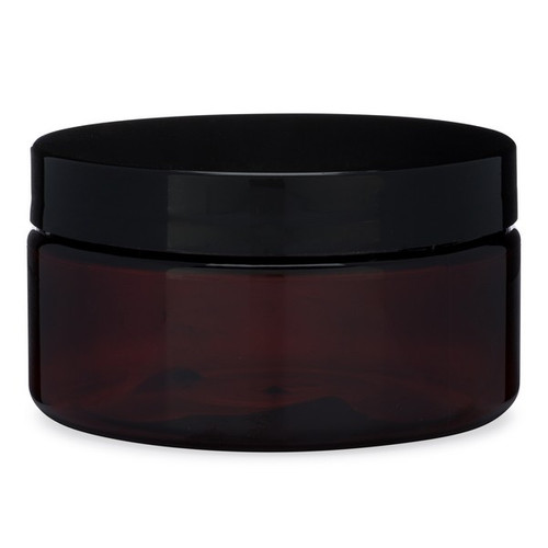8 oz Amber PET Straight Sided Squat Jar (Black Cap) - HWJA9B