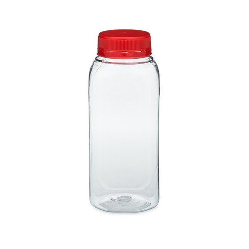 PET Plastic Arched Square Beverage Bottles with Red Tamper-Evident Cap PET Plastic Arched Square Beverage Bottles with Red Tamper-Evident Cap