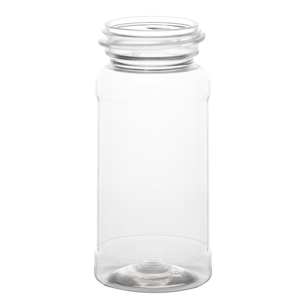 4 oz Clear PET Spice Bottles w/ Red Unlined Caps and Sifter Fitments