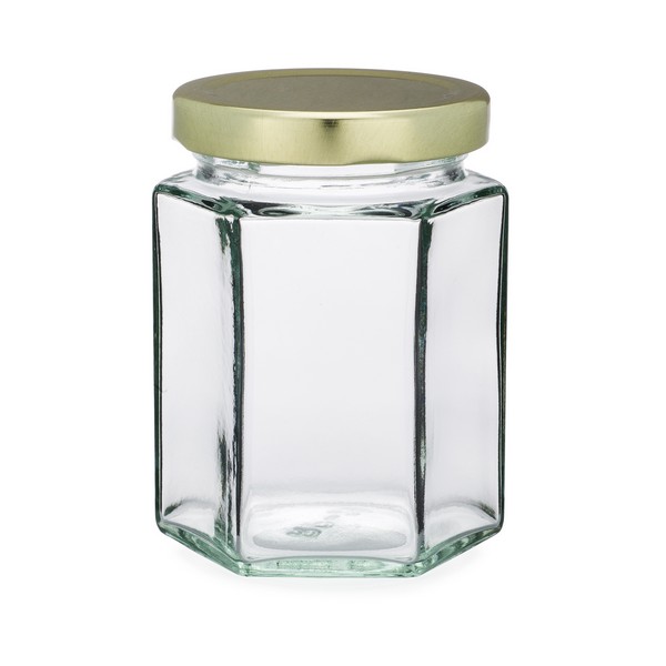 6oz Clear Glass Hexagon Jars (Black Lug Cap) for Canning 12/Case, Clear Type III 58 Lug