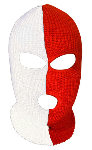 Ski Mask White and Red 3 holes Half  White Half Black Colors