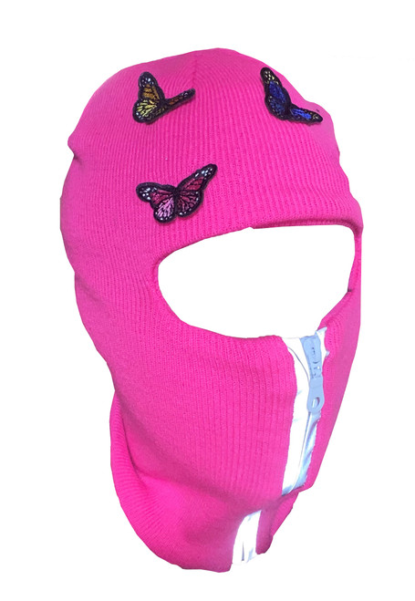 Neon Pink reflective zip up Balaclava with butterflies ski mask