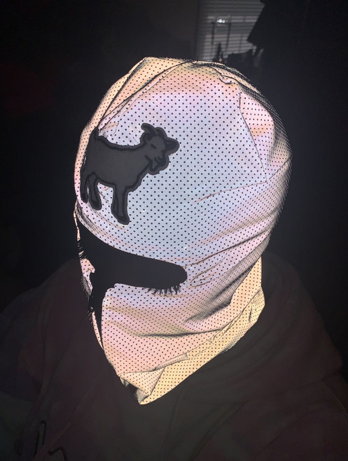 Reflective zip up Balaclava with white goat emblem ski mask