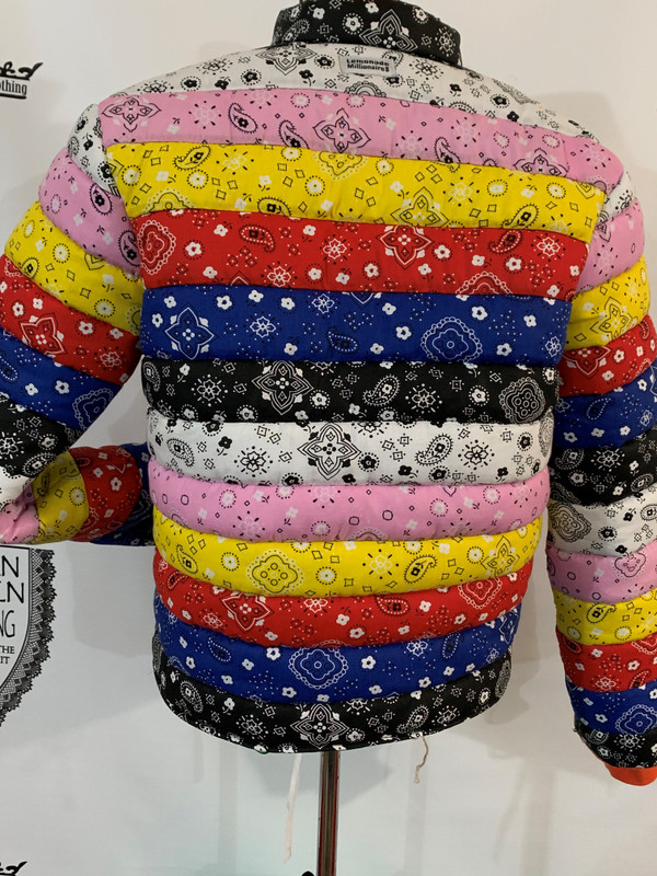black, blue, red, yellow, pink, white bandana strips made into a puffer jacket