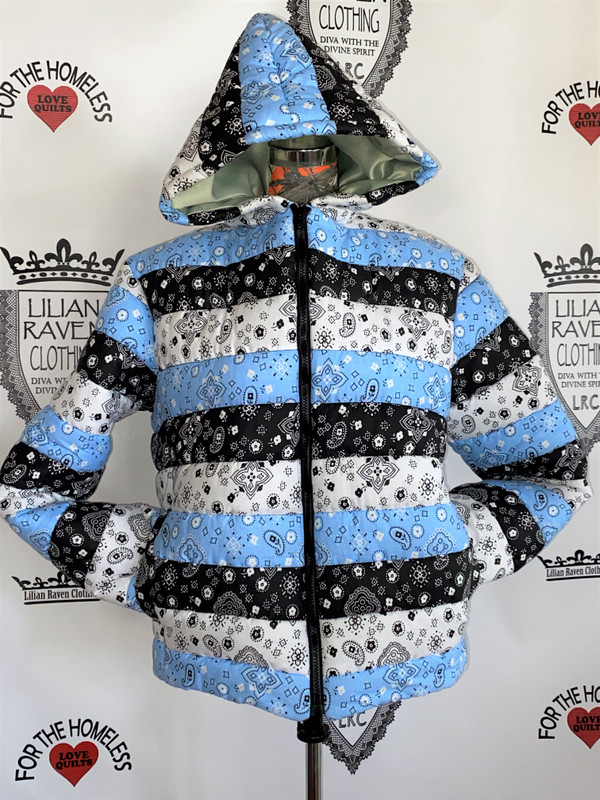 Hooded Bandana Puffer Jacket Black Blue White