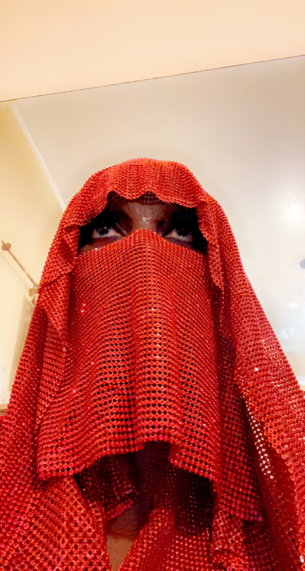 Red Diamond Red Metal Chain Mail Head Piece with veil