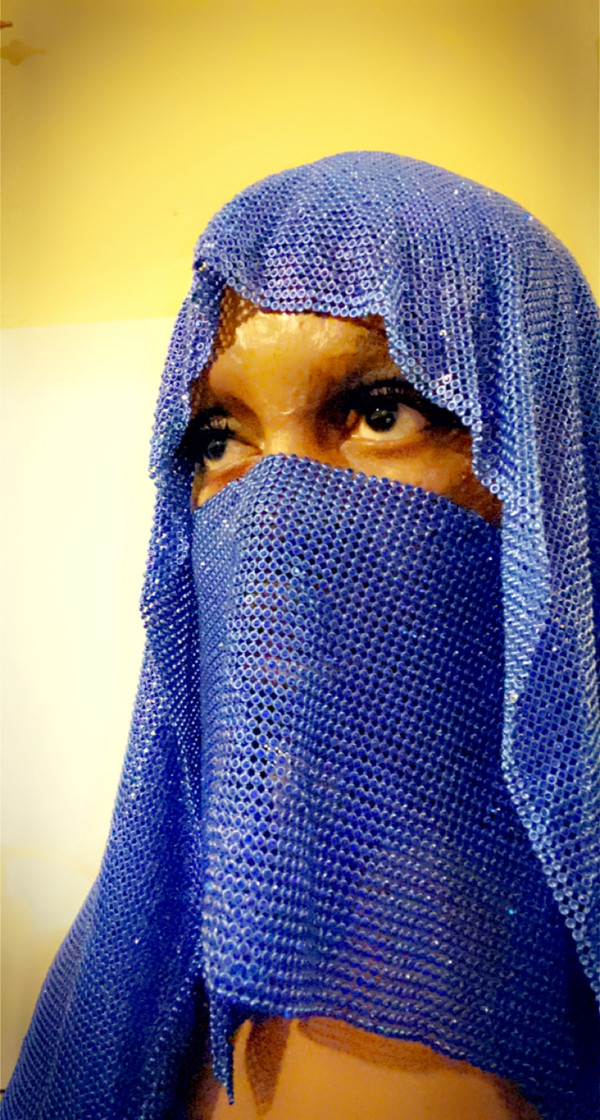 Blue Diamond Blue Metal Chain Mail Head Piece with veil