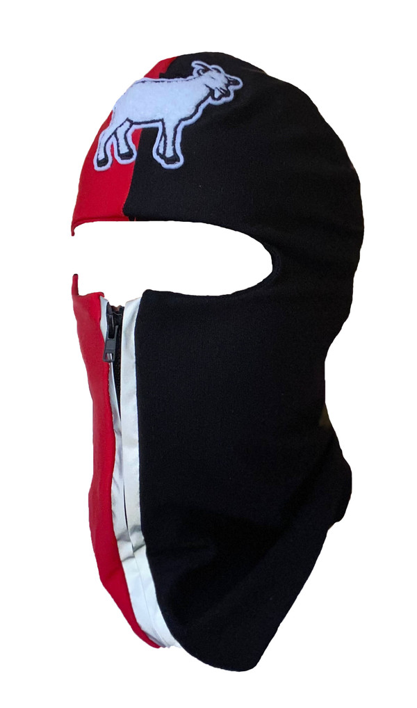Red and black reflective zip up Balaclava with Goat ski mask