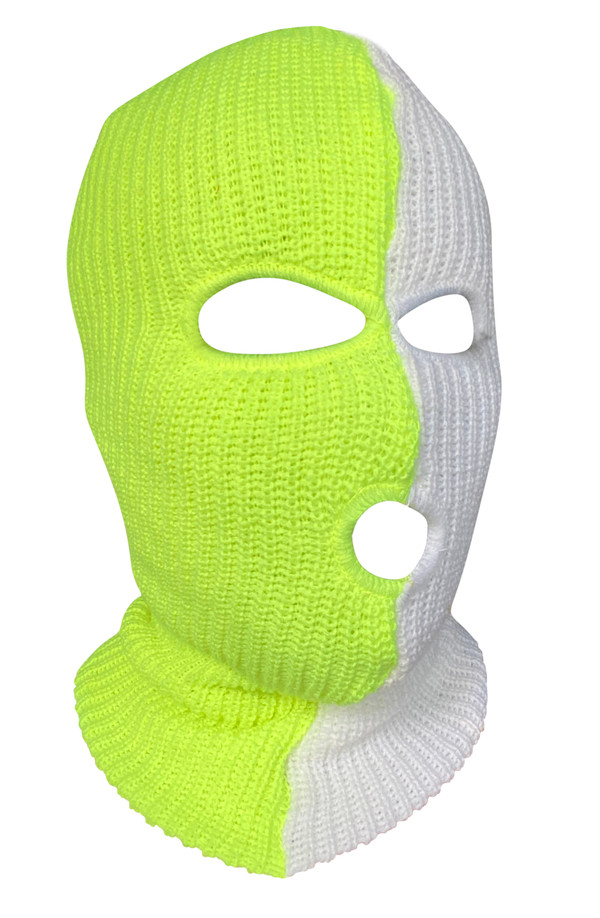 Ski Mask Half Neon Green Half White  colors 3 holes  Lemon Ice Two Tone