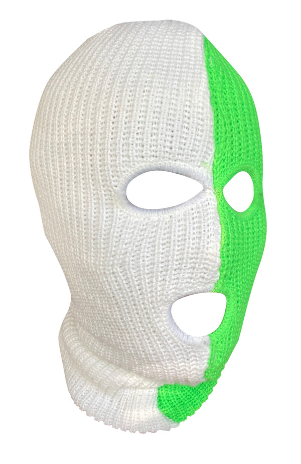 Ski Mask Half Slime Green Half White colors 3 holes Lime Ice