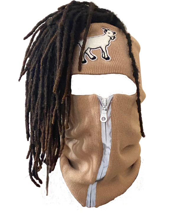 Dread Head Beige reflective zip up Balaclava with goat emblem ski mask