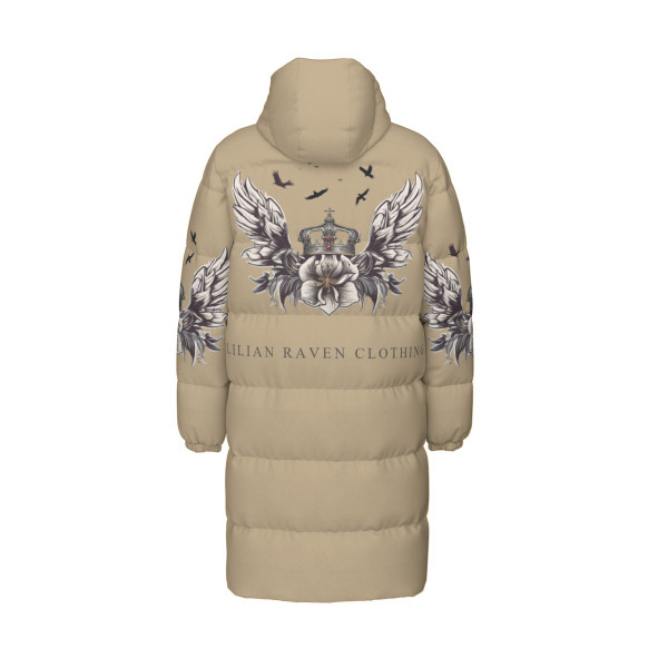 Greige Long Puffer Jacket with Wings