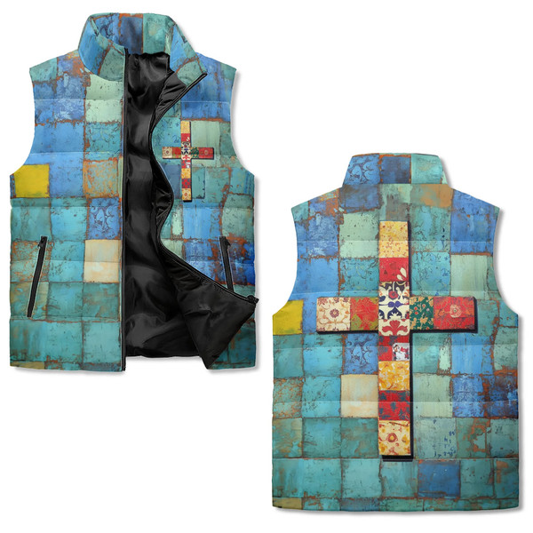 Mosaic Cross Zip Up Puffer Vest