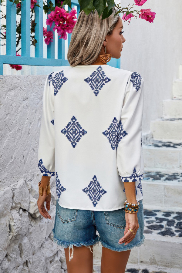 Printed T Shirt V Neck Loose Puff Sleeves Shirts
