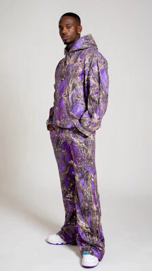 Purple Fleece Camo Hoodie and Flared Pants Sweats Set