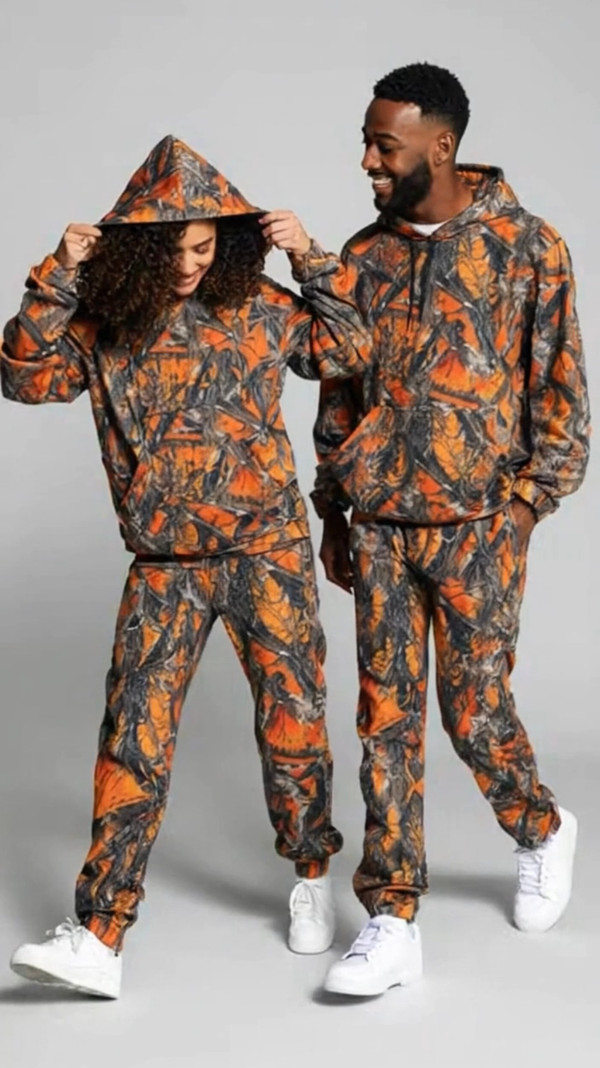Orange Fleece Camo Hoodie and Flared Pants Sweats Set