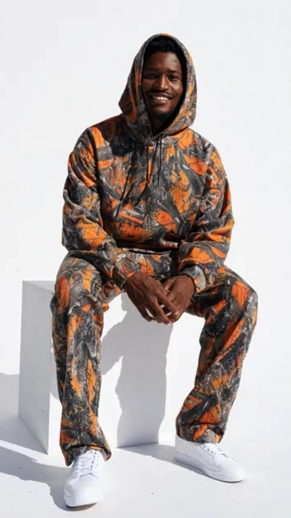 Orange Fleece Camo Hoodie and Flared Pants Sweats Set