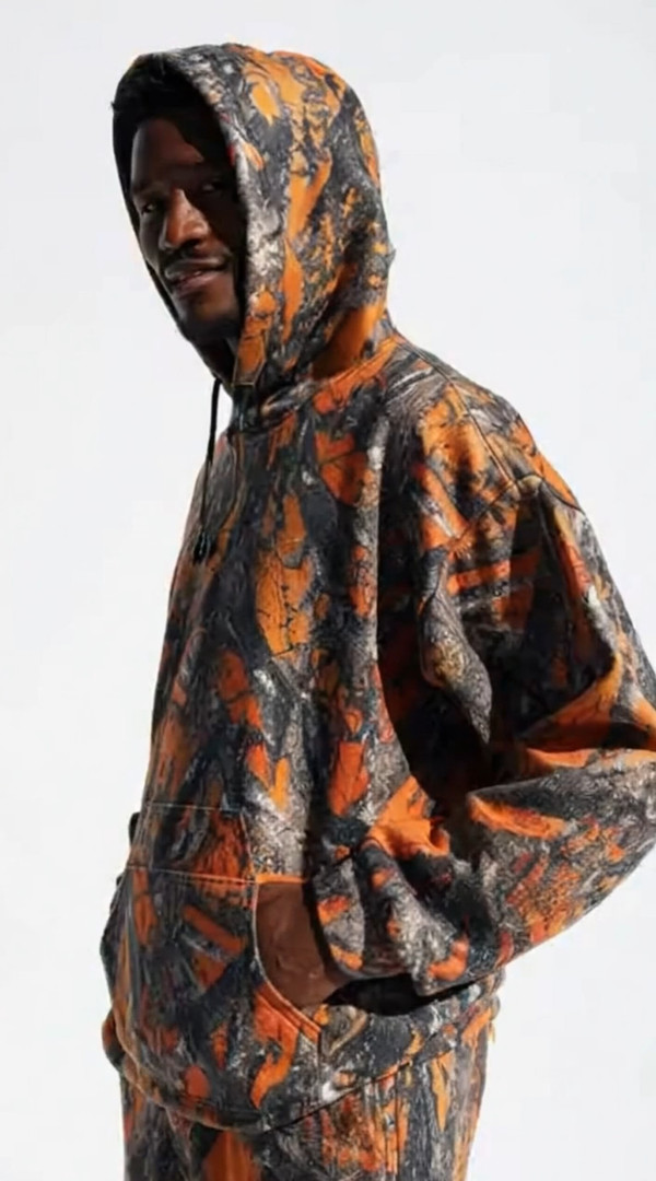Orange Fleece Camo Hoodie and Flared Pants Sweats Set