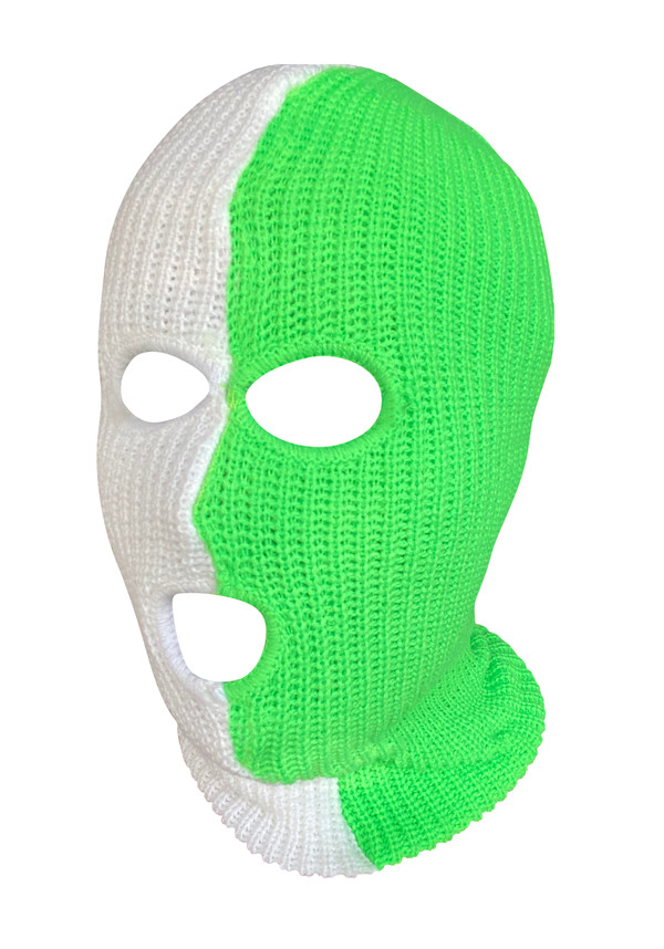 Ski Mask Half Slime Green Half White colors 3 holes Lime Ice