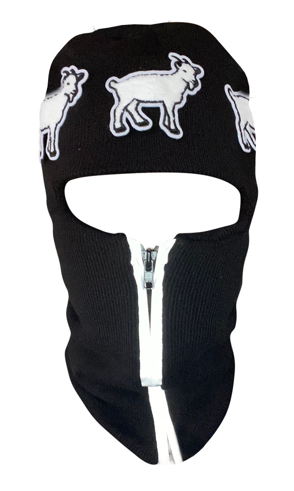 Black reflective zip up Balaclava with 3 goat emblems ski mask